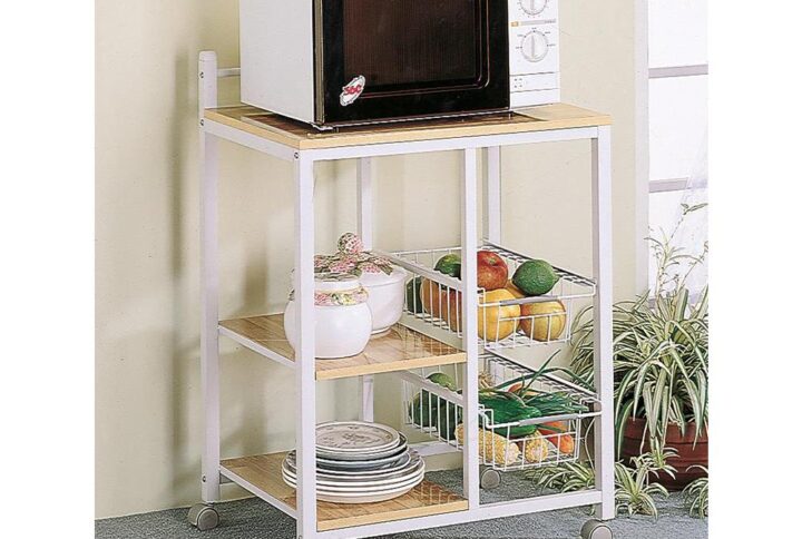 This is the Swiss army knife of kitchen carts. A spacious top shelf fits a good-sized microwave or toaster over. Duplex-type storage space has two shelves one side for dinnerware or cereal. The other side features two wire baskets for healthy snacks like apples and cherries. Multi-color cart has four wheels for rolling convenience when remodeling or simply to set next to the breakfast table.