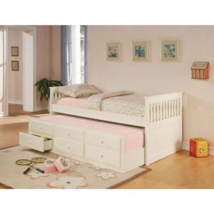 This twin daybed is made for resting or entertaining. Pull out the trundle and two people can rest or stay up all night talking. Solid wood construction offers firm support. Foot and head boards are designed with lattice frame. Bottom row of drawers on trundle themselves pull out for linen or clothes storage.