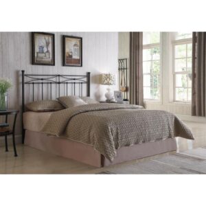 This metal headboard will give your bed a transitional feel. Clean lines combine with curved ones at the top with knob attachments that evoke rustic charm. Posts are topped by simple crown fixtures. The straight metal construction is durable and wrapped in bronze. Headboard fits either full or queen frame and bed sizes.