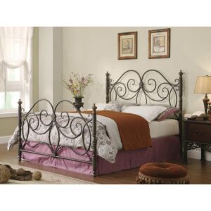 The London metal bed is a traditional-style headboard/footboard. Both feature a beautiful scroll design that is visually striking. The bed posts are capped with turned finials that add distinction. Headboard and footboard are wrapped in warm dark bronze. Decorative and classic