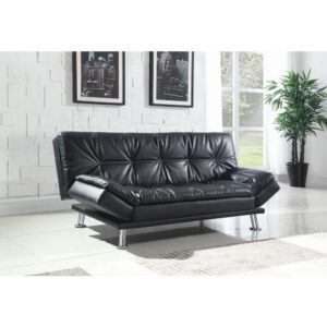 From the Dilleston collection comes this black sofa bed with posh character. The sofa features cushioned pillow-top seating and adjustable armrests for convenient lounging or texting. Upholstered in black leatherette with button tufting and double rows of white contrast stitching. Sofa is also available in white