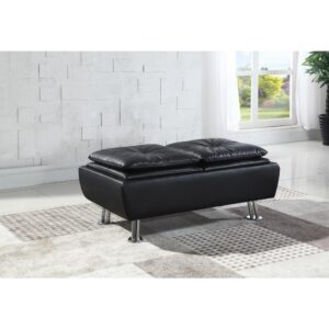 This versatile ottoman is an ideal complement to the Dilleston sofa bed. It's wrapped in matte black leatherette that's refined and sophisticated. Cushioned top is comfortable for putting your feet up or using as a short stool. Ottoman also opens to reveal spacious storage for hiding the remote when watching the big game or your favorite show uninterrupted. Also comes in white