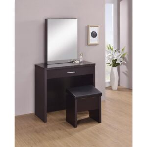 Black vanity comes with more secret areas than a federal bank. Roomy pull-out drawer features compartments for keeping all your necessities organized. Features a large mirror that slides open for access to a hidden jewelry storage cubby. More storage is found in the upholstered stool that lifts open. Contemporary styling is suitable for a room with modern decor.