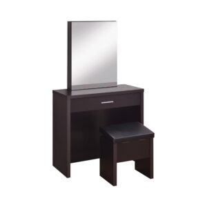 Black vanity comes with more secret areas than a federal bank. Roomy pull-out drawer features compartments for keeping all your necessities organized. Features a large mirror that slides open for access to a hidden jewelry storage cubby. More storage is found in the upholstered stool that lifts open. Contemporary styling is suitable for a room with modern decor.