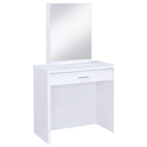 Contemporary white vanity looks great in a modern-style bedroom or dressing room and comes designed to hold your secrets better than a BFF. Pull-out drawer is spacious and compartmentalized for organization to get ready in a hurry (on those rare occasions). The large mirror slides open to reveal concealed jewelry storage compartments. Upholstered stool opens to reveal yet another storage area. This vanity truly is a woman's best friend.