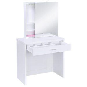 Contemporary white vanity looks great in a modern-style bedroom or dressing room and comes designed to hold your secrets better than a BFF. Pull-out drawer is spacious and compartmentalized for organization to get ready in a hurry (on those rare occasions). The large mirror slides open to reveal concealed jewelry storage compartments. Upholstered stool opens to reveal yet another storage area. This vanity truly is a woman's best friend.