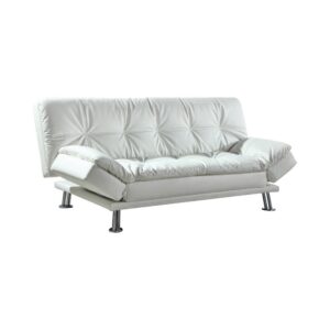 sofa is convenient for relaxing on a rainy night or having one of those early morning conversations. White leatherette features button tufting and quality stitching. The sofa bed is also available in brown