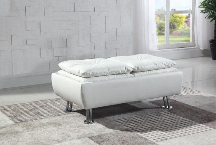 The Dilleston ottoman is a versatile companion to the sofa bed of the same collection. Wrapped in white leatherette