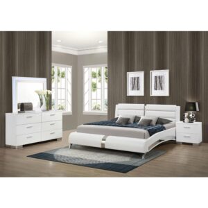 Outfit your modern bedroom with the energizing look of this bedroom set. Clean lines on case pieces contrast with the alluring curves of a stylish bed with a sectioned headboard and sleek chrome finish metal accents. Dresser