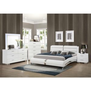 Outfit your modern bedroom with the energizing look of this five-piece bedroom set. Clean lines on case pieces contrast with the alluring curves of a stylish bed with a sectioned headboard and sleek chrome finish metal accents. Dresser