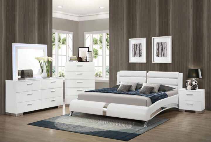 Outfit your modern bedroom with the energizing look of this five-piece bedroom set. Clean lines on case pieces contrast with the alluring curves of a stylish bed with a sectioned headboard and sleek chrome finish metal accents. Dresser