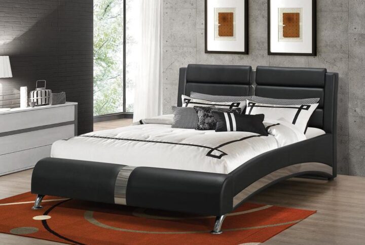 The Jeremaine collection presents this well-designed bed with a touch of class. It features straight lines and sumptuous curves for a contemporary allure. The headboard is fashioned with cushioned paneling for a unique look. The bed is stunningly finished in coated polyurethane that's polished to a high gloss. The chrome-like accents give this bed an exquisite appeal fit for any modern bedroom.