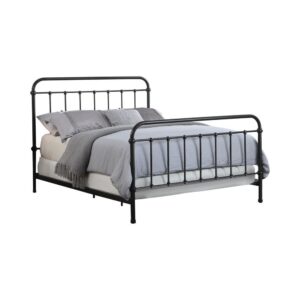 the bed features a headboard and footboard designed to be fashionably fresh. The iron frame is sturdy and durable. The bed is finished in a simple warm bronze that imparts a cosmopolitan air. This stunning bed will rightfully be your bedroom's unconditional centerpiece.