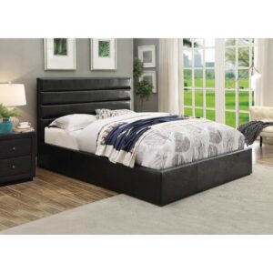 From the Riverbend upholstered bed collection comes this casual hydraulic lift storage bed. It combines stylishness with function. Clean lines and a plush slat-style headboard highlight its design. It's crafted with convenient underneath storage for extra linens. The bed is upholstered in sumptuous black leatherette that fits other bedroom decor.