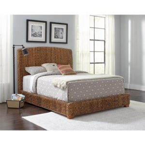 The tropical style bed from the Laughton collection is a handsome addition to the bedroom. Its frame is expertly crafted with mahogany solid wood and plywood for years of reliability. The bed is lovingly embellished with hand-woven banana leaf upholstered in an amber finish. It imparts a warm