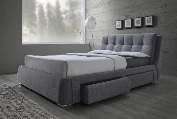Combine elegance and function with this storage bed from the Fenbrook collection. It exudes style in the form of a biscuit tufted headboard. It offers practicality with its four Euro glide drawers on the sides. Adding to its overall comfort and elegance is the deluxe grey fabric upholstery that's luxuriant to the touch. This bed is a classy