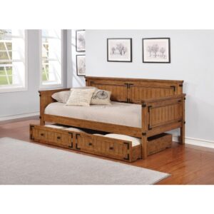 Follow the storied heritage of a mission motif. This earthy daybed provides a perfect alternative to a sofa in a family living space. Enjoy a rustic honey finish that sends warmth around a room and accommodates a variety of linen ensembles. Solid rubberwood construction shows off subtle metal trim pieces. Includes a 14-piece slat kit