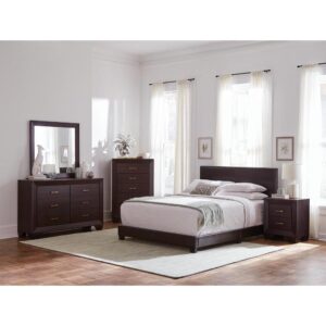 this sleek four piece bedroom set is transitional and versatile. Upholstered in brown leatherette