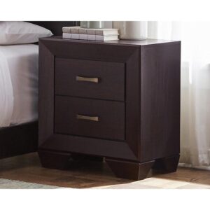 this sleek four piece bedroom set is transitional and versatile. Upholstered in brown leatherette