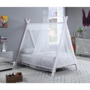 Create a playful aura in a child's room with this twin tent bed. The silhouette is full of elongated metal lines that crisscross to create a modern tent shape. Complete the charming contemporary style with a crisp pink finish and thin fabric details. Angled legs add depth to the center or corner of a room. Create an up-to-date spin on rustic charm with the soft