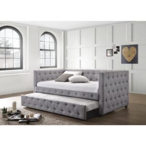 This bed's regal appearance belies its convenience and usefulness in hosting those extra house guests. The tufted surface pattern adds visual interest. The metallic-colored polyester finish makes this a design element you can place anywhere throughout the home. Use daily as a single bed or daybed for lounging