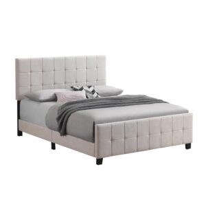 rectangular headboard and matching footboard. The headboard and footboard also feature grid tufted padding and is upholstered in a soft fabric. Supported by dark brown tapered feet