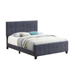 rectangular headboard and matching footboard. The headboard and footboard also feature grid tufted padding and is upholstered in a soft fabric. Supported by dark brown tapered feet