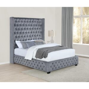 Choose to snooze in this exciting and elegant panel bed. A dramatically tall headboard with a modern wingback design takes the center stage of your bedroom. Entirely upholstered in luxurious velvet