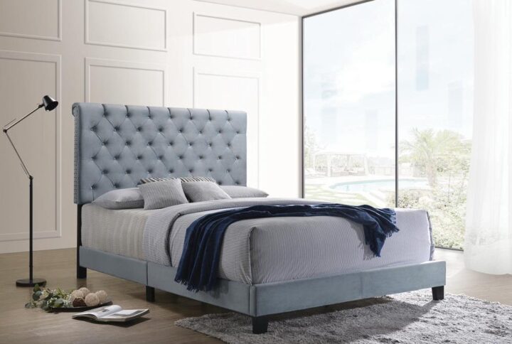 This handsome bed offers a great night's sleep with strong visual appeal. Its contemporary metallic-colored finish makes it a shoo-in with almost any decor. The high headboard