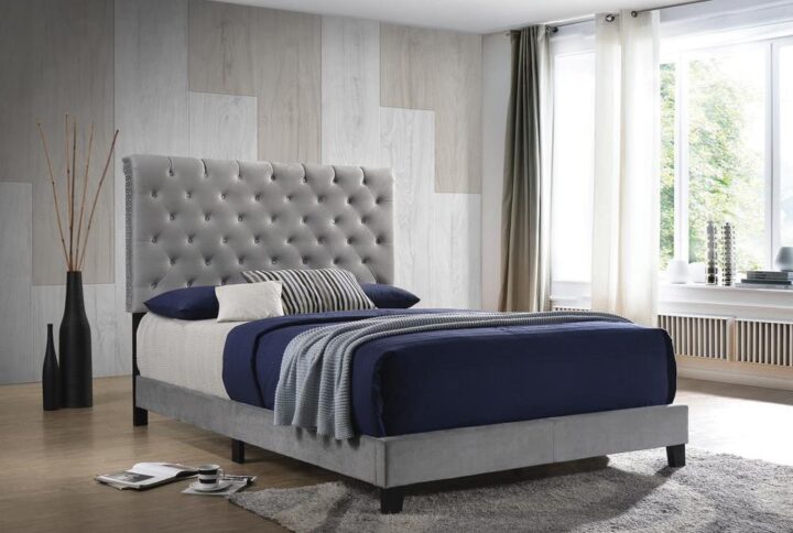 This handsome bed offers a great night's sleep with strong visual appeal. Its contemporary metallic-colored finish makes it a shoo-in with almost any decor. The high headboard