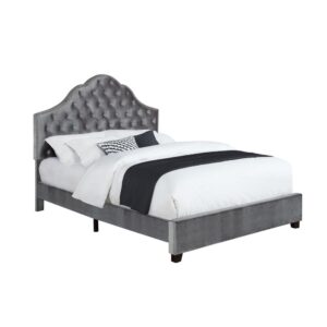 this piece is entirely upholstered in a luxurious grey velvet fabric. A dramatic camelback style headboard creates an unforgettable impression along with additional comfort. Button tufting further enhances its appearance while nail head trim adorns the frame. This piece includes a low profile headboard and sturdy tapered feet.
