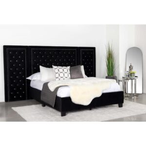 Transform your primary suite into a dramatic and bold interior with this modern glam platform bedroom set. An oversized headboard consisting of two side panels extends far beyond the platform bed frame