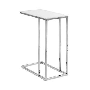 Offer guests a simple way to snack during visits. This snack table is built to provide a low-impact presence with a high-utility service. White tempered glass makes for a sleek top surface. A chrome base with an extended bottom base slides conveniently up to and under a seating unit. Easily transported
