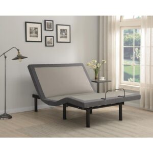A contemporary California king adjustable bed allows you the freedom of precise positioning to create the relaxing sleep haven of your dreams. Dark gray upholstered rails add a polished touch while six legs adjust in height to suit any bedroom. The bed includes a wireless remote control with pre-set zero gravity