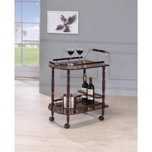 This classy serving cart will look at home in either your formal dining room or rec room. It features a handle pushing and top roomy top shelf for a cheese plate and two snifters of cognac. Bottom shelf includes a bottle holder for three bottles of your favorite Bordeaux and/or single malt. Elegantly crafted with merlot finish and brash-finish metal accents. Gives your room a traditional countryside appeal.