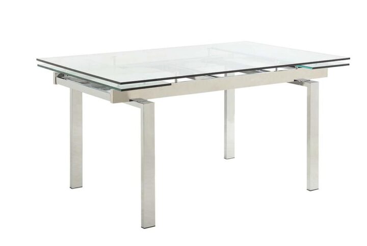 Contemporary design fuses with polish and panache in this dining table from the Wexford collection. This rectangular table has a strong tempered glass table top with stainless steel and polished chrome finish. Table easily fits larger groups with its refractory leaf extensions that add over two feet in length. Pair this sleek table with matching chairs (available separately) for a stunning set. Perfect for a dining room with a view in a contemporary styled home.