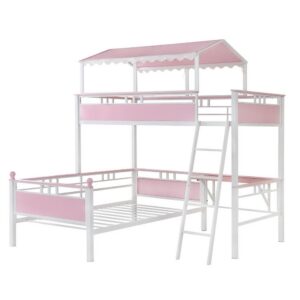 this workstation loft is finished in a sweet combination of pink and white. The bottom bunk features a twin bed with a shelf to serve as a workstation