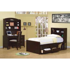 Update a spare bedroom with convenience and style. This twin sized storage bed is perfect for maximizing space in small bedrooms. Equipped with spacious drawers and open shelves
