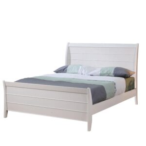 distinctive look. Headboard and footboard both feature carved horizontal lines that convey vitality. Crafted in tropical hardwoods and veneers for durability. Cream white finish looks great with airy beach decor.