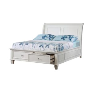 this wood storage bed is a centerpiece of a youth bedroom. The full bed has a high headboard and sides with straight lines and carved details. Low-profile footboard includes two metal-accented storage drawers that can store extra fleece blankets and even a pillow. Charmingly constructed from tropical hardwoods and veneers. Effortlessly finished in bright