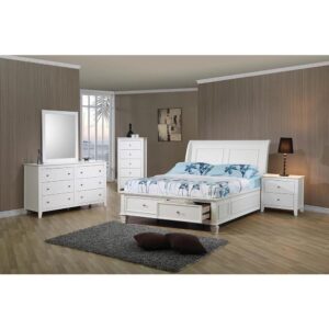 The coastal-style Selena collection showcases this wood storage twin bed for a youth bedroom. The high headboard and sides feature straight