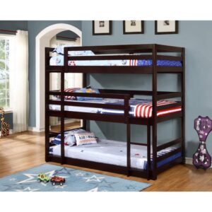 this twin triple bunk bed welcomes a traditional aura. Crafted of solid pine