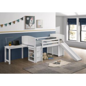 complete with a playful slide and a desk for studying. With a crisp white finish throughout