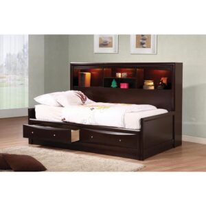 The Phoenix collection features this simple but elegant full bed that's a handsome addition to any youth bedroom. Bed features two roomy drawers with beveled wood fronts and brushed nickel hardware. The bed also includes a side storage shelf unit with light. Four shelves provide enough storage for books and memorabilia. Finished in rich cappuccino to match any bedroom decor.