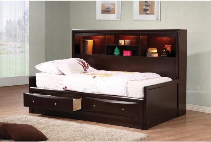 The Phoenix collection features this simple but elegant full bed that's a handsome addition to any youth bedroom. Bed features two roomy drawers with beveled wood fronts and brushed nickel hardware. The bed also includes a side storage shelf unit with light. Four shelves provide enough storage for books and memorabilia. Finished in rich cappuccino to match any bedroom decor.