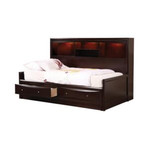 The Phoenix collection features this simple but elegant full bed that's a handsome addition to any youth bedroom. Bed features two roomy drawers with beveled wood fronts and brushed nickel hardware. The bed also includes a side storage shelf unit with light. Four shelves provide enough storage for books and memorabilia. Finished in rich cappuccino to match any bedroom decor.