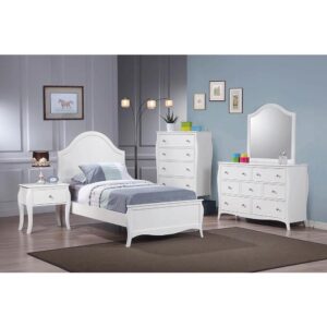 A showcase of the Dominique collection is this country twin bed that conveys a bucolic appeal. Imposing headboard is graced with curved moldings and construction. Low-profile footboard is constructed with simple curved molding and stylishly flared posts. Bed is finished in charming white that denotes a contemporary look. It perfectly suits a rustic home with matching decor.