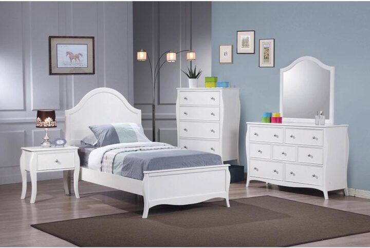 Welcome a charming aura with the French country feel of this four-piece bedroom set. In a light white hue