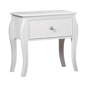 No bed is complete without a matching nightstand. This nightstand from the Dominique collection brings French country charm to your bedroom. It features a single drawer with silver metal knobs and a top that's perfect for a small decorative table lamp and an antique clock or vase. The curved legs impart a subtle grace to any bedroom. Expertly finished in splendid cream white for a contemporary look.