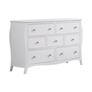 this wide wood dresser complements the bedroom set of any youth bedroom. It has flared legs and simple curved moldings that deliver a country charm. Dresser top is wide enough for a matching mirror (not included) and an assortment of knickknacks and a fragrance collection. Constructed with seven drawers with silver metal knobs for all the storage you need. Lovingly wrapped in sweet white to satisfy an affair with rustic charm.